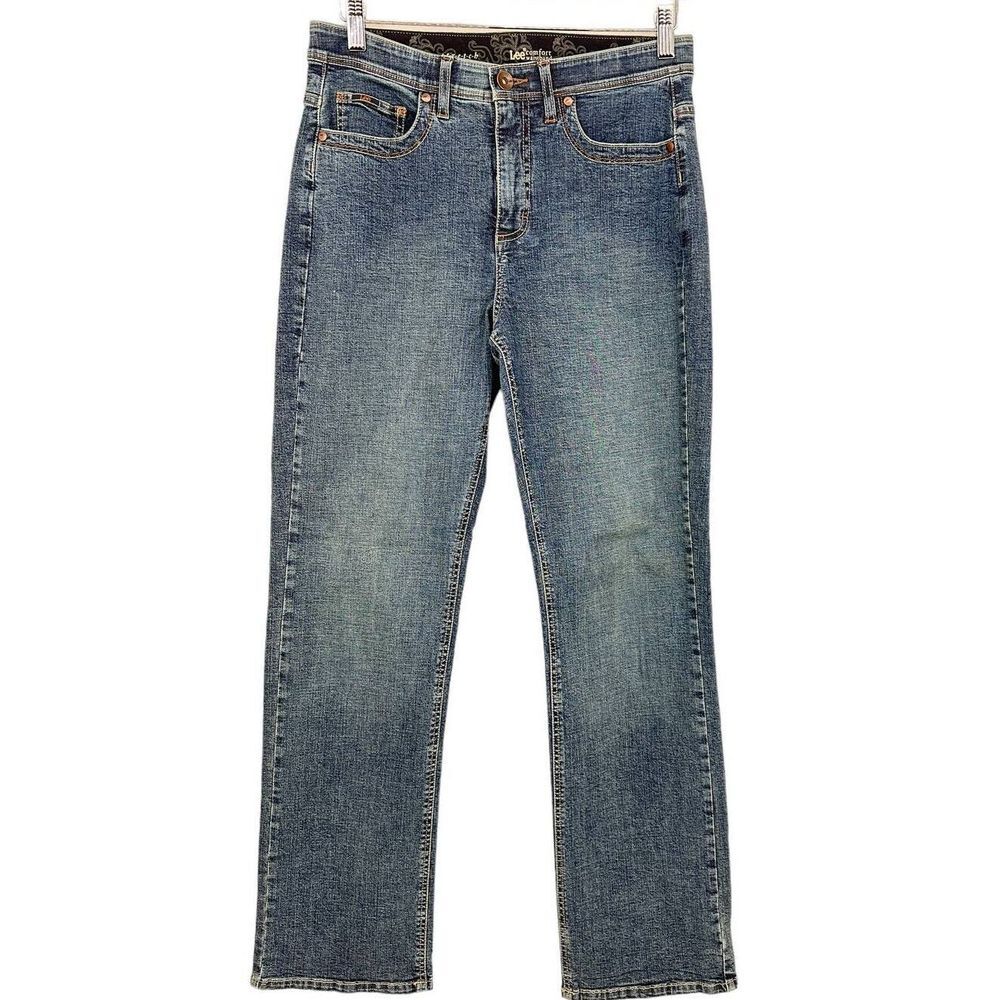 Lee Women's SZ 12 Straight Leg Decorative Back Pockets Faded Blue Jeans